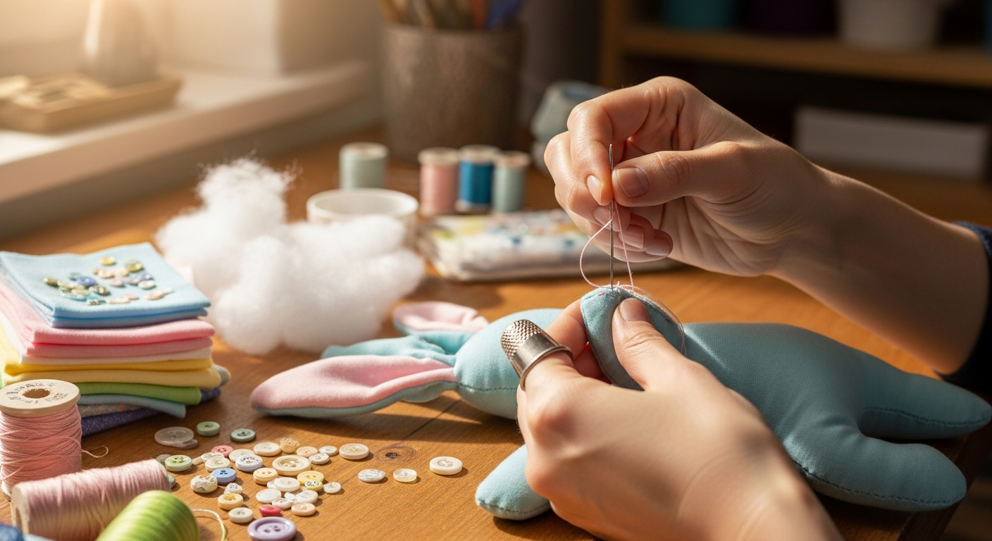 AI_IMAGE: Hands carefully stitching a plush toy in a sunlit artisan workshop. Close-up showing cotton stuffing, pastel fabrics, embroidery thread, and tiny buttons spread on a wooden work table. Warm natural light from a nearby window, shallow depth of field, intimate and heartfelt atmosphere | photorealistic | landscape